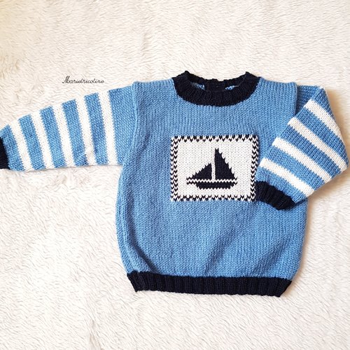 Pull bébé marine bleu style marin 12 mois tricoté main