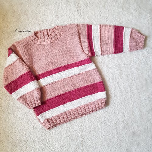 Pull enfant 2 ans tricoté main à rayures rose blanc