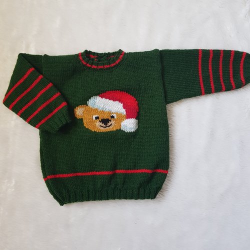 Pull bébé vert et rouge 6 mois tricoté main en laine merinos