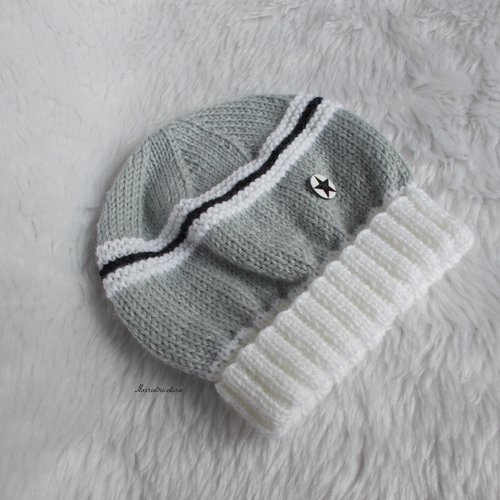 Bonnet bébé laine mérinos 0/3 mois blanc et gris perle tricoté main
