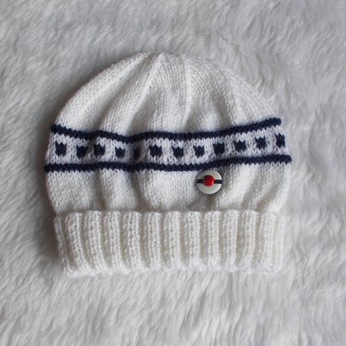 Bonnet bébé laine mérinos 0/3 mois blanc et bleu marine style marin tricoté main