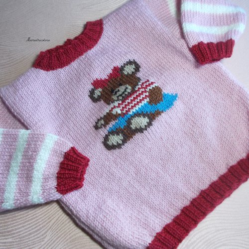 Pull bébé rose et fuschia nounours 12 mois tricoté main