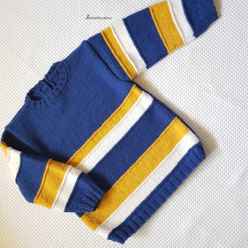 Pull enfant 2 ans tricot main à rayures jean jaune blanc phildar partner
