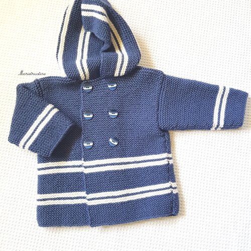 Manteau bébé croisé à capuche bleu jean et blanc 6 mois tricot main