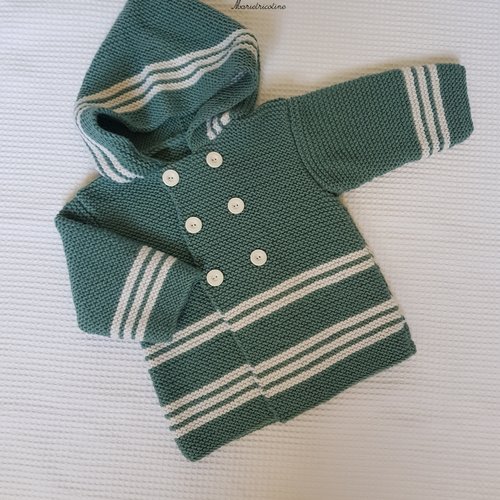 Manteau bébé croisé à capuche vert et blanc 6 mois tricoté main laine fonty