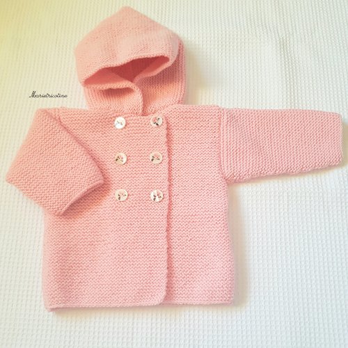 Manteau bébé croisé à capuche rose 6 mois tricoté main laine fonty