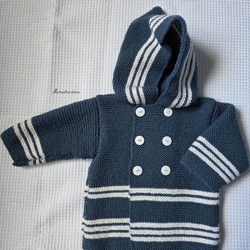 Manteau bébé croisé à capuche vert canard 6 mois tricoté main laine fonty