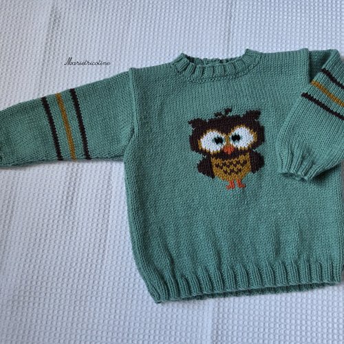 Pull bébé vert motif hibou 12 mois tricoté main