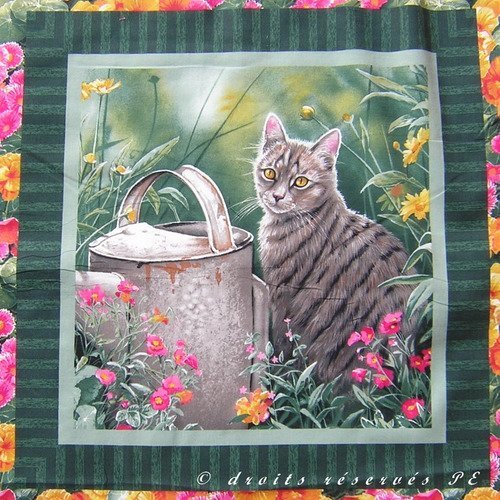 Coupon tissu patchwork panneau chat tigre gris arrosoir, pour coussin, sac, décoration
