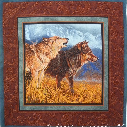 Coupon tissu patchwork panneau vignette 2 loups  bord marron
