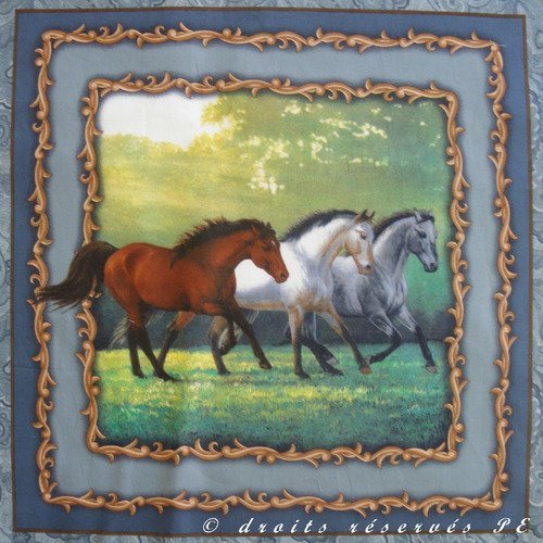 Coupon tissu patchwork vignette panneau 3 chevaux au galop