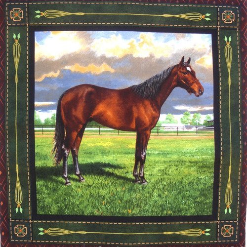 Coupon tissu patchwork vignette panneau  cheval marron dans le pré