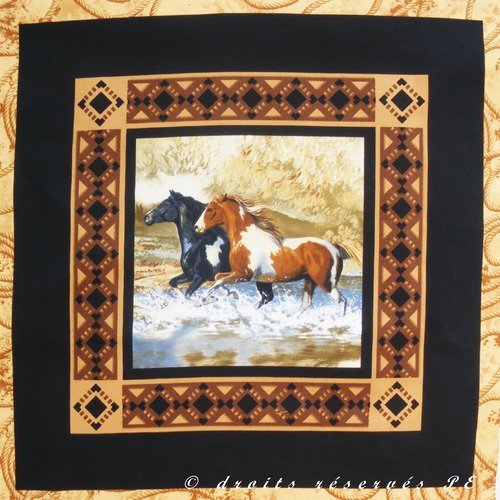 Coupon tissu patchwork vignette panneau chevaux dans la riviere
