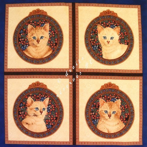 Coupon tissu patchwork 4 grandes vignettes  portraits de chatons roux, pour coussins, patchwork, cadres, décoration