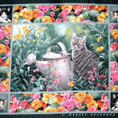 Coupon tissu patchwork vignette grand panneau chat dans les fleurs