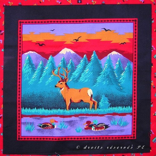 Coupon tissu patchwork vignette  panneau  cerf  au bord du lac, bord rouge