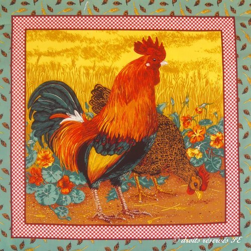 Coupon tissu patchwork panneau coq et poule dans les capucines