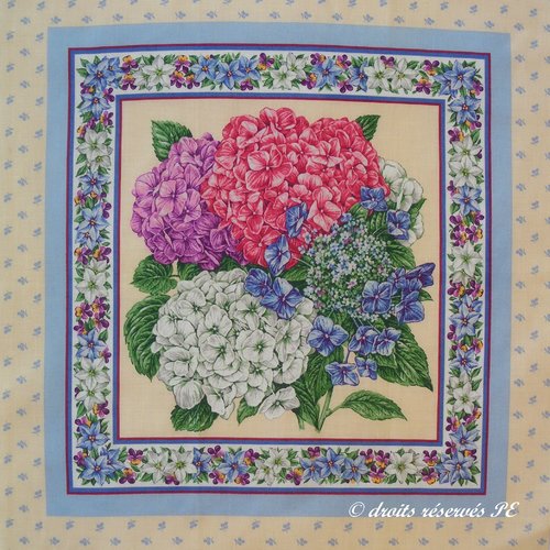 Coupon tissu patchwork panneau bouquet d'hortensias n 1, pour coussin, sac, patchwork , couture, quilting, décoration