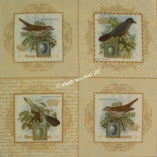 Coupon tissu patchwork 4 grandes vignettes oiseaux n° 3,  pour coussin, poche, appliqués, couture, customisation, décoration
