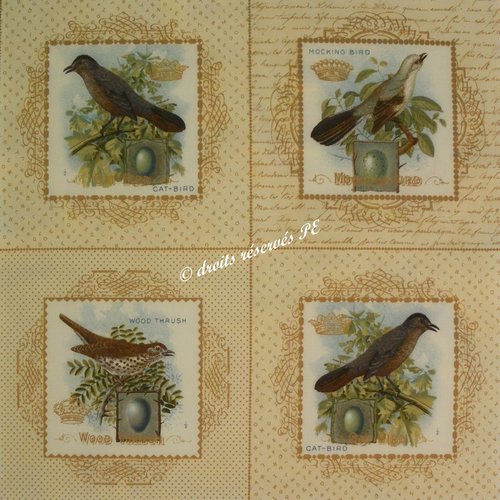 Coupon tissu patchwork 4 grandes vignettes oiseaux n° 1,  pour coussin, poche, appliqués, couture, customisation, décoration