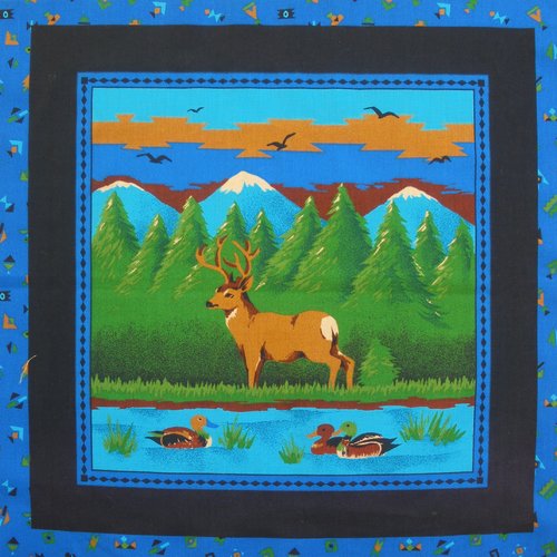 Coupon tissu patchwork vignette  panneau  cerf  au bord du lac, bord bleu