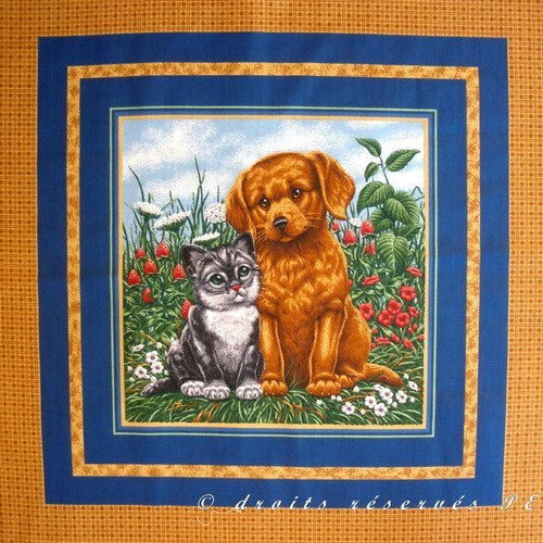 Coupon tissu patchwork panneau vignette etiquette chiot et chaton n 1