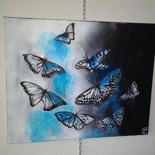 Les papillons,bleu,noir,blanc, acrylic 50/40cm