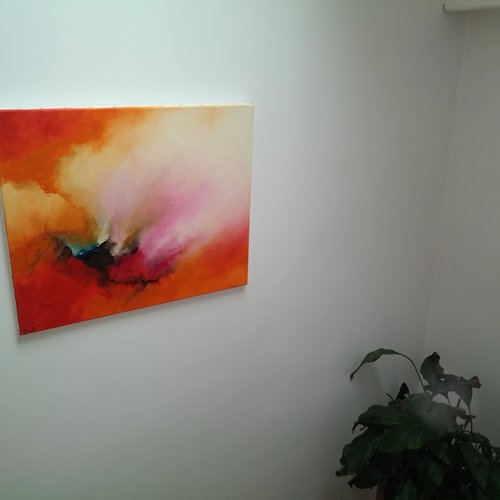 Fusion, peinture abstrait contemporain ,orange, rouge 61/50cm
