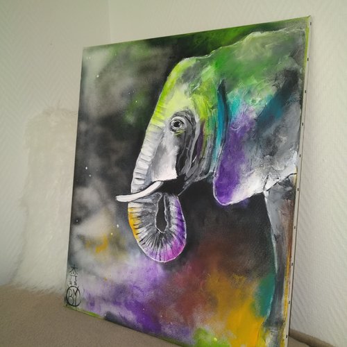 Tableau éléphant, violet, vert, bleu, série animaux 46/55