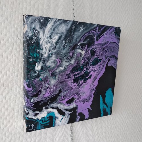Cosmos, tableau pouring violet, turquoise, noir 30/30