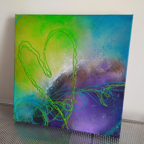 Infini, vert, bleu, violet, tableau abstrait contemporain 40/40