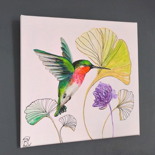 Tableau décoratif pastels, oiseau multicolore fleurs ginkgo 30/30