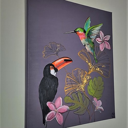 Toile décorative fleurs,oiseaux, toucan, ginkgo 38/46