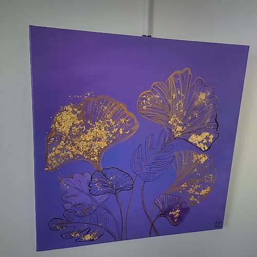 Peinture fleurs ginkgo violet, bleu, or, 40/40