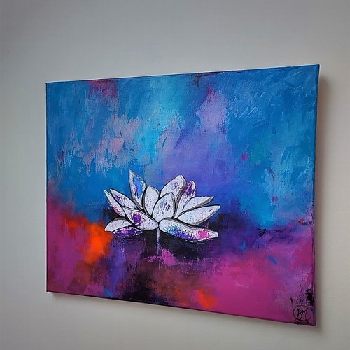 Le lotus blanc, peinture zen, rose, bleu