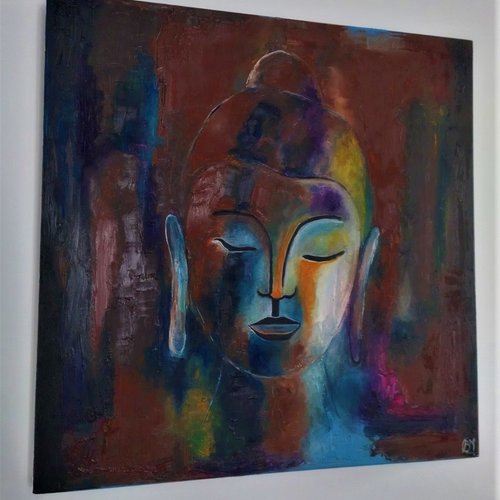 Bouddha, grand format, marron, orange, peinture zen