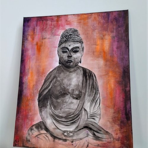 Bouddha violet, rouge, rose, orange, peinture acrylique 38/46cm