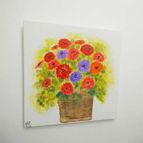 Le panier fleuri, bouquet de zinnias, fleurs, peinture acrylique