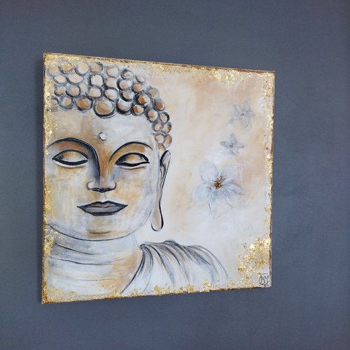 Bouddha, tableau zen, 40/40 doré, noir, blanc