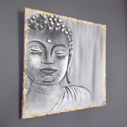Bouddha doré, noir, blanc, peinture acrylique