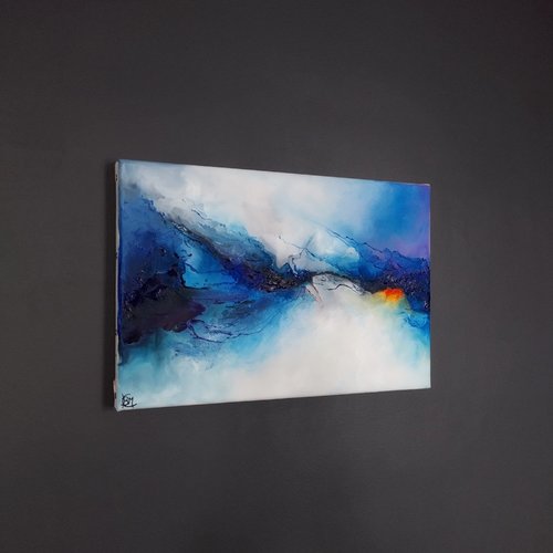 Paysage abstrait, bleu, blanc, violet 22/33cm