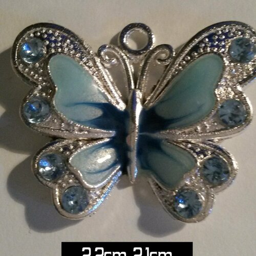 1 pendentif papillon bleu turquoise avec strass 22x21mm email en métal argenté émaillé 