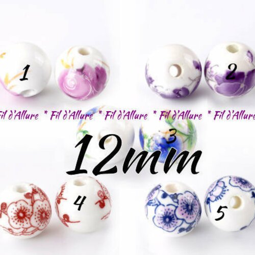 Lot de 2 perles céramiques motif fleuris 12 mm n°3 