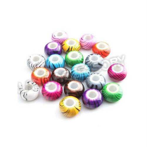 15 perles acryliques, trou = 5.5 mm, couleur mixées avec rayures noires.