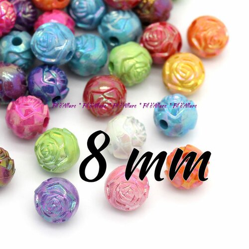 Lot de 10 perles synthétiques rondes avec fleur gravée de couleurs mixtes 8 mm