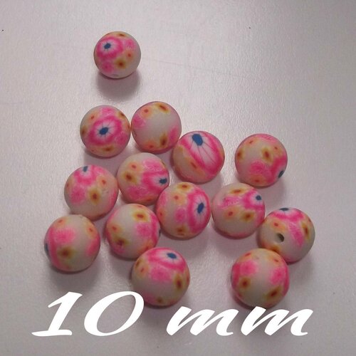 Lot de 10 perles en argile style fimo, motif fleurs 10 mm 