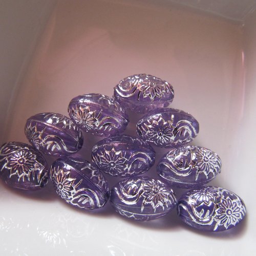 10 perles ovales acrylique 15 mm avec motifs argent