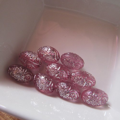 9 perles ovales acrylique 15 mm avec motifs argent