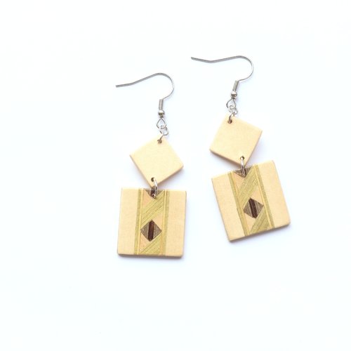 Boucles d'oreilles en marqueterie - carrés blanc et vert