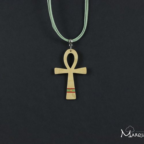 Collier ankh , croix égyptienne, l'ânkh ou croix ansée en bois jaune et vert